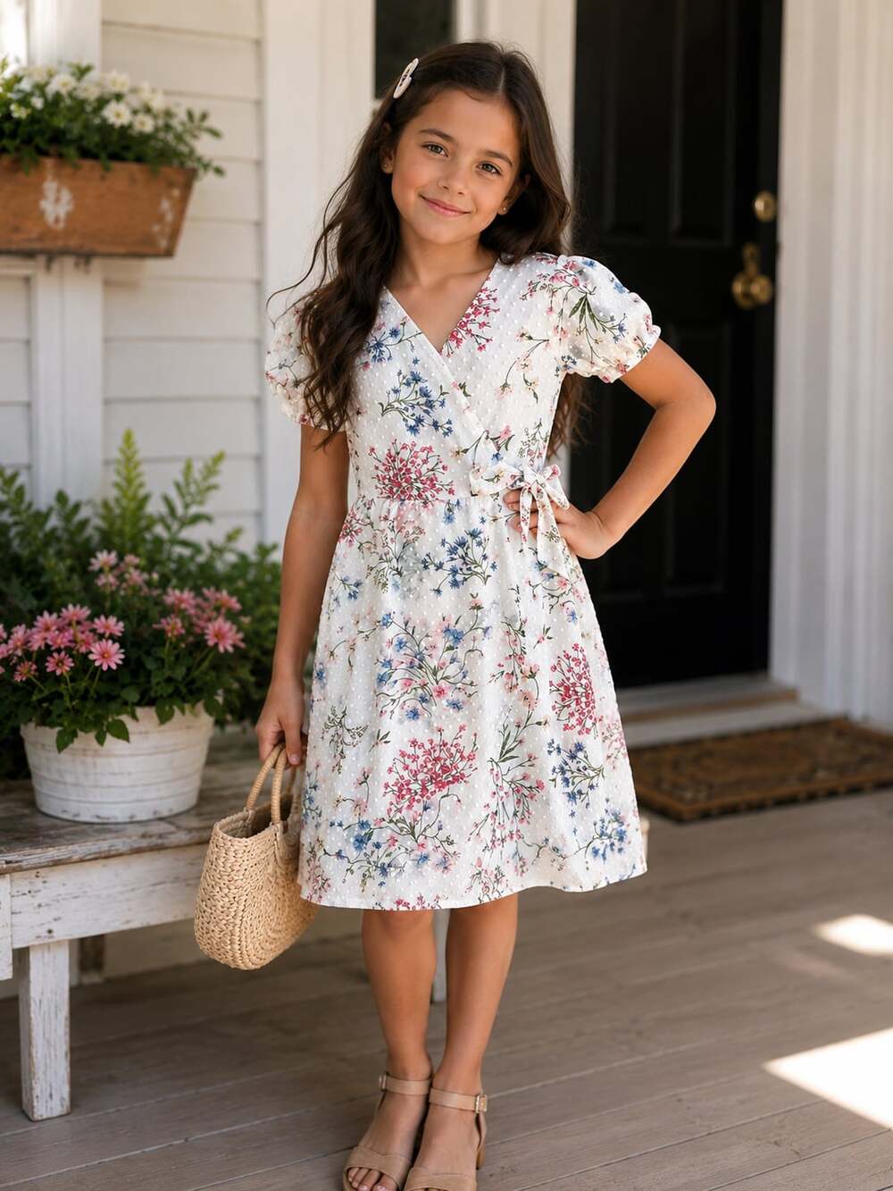 Girls White Floral Swiss Dot Wrap Dress fits size 8-10